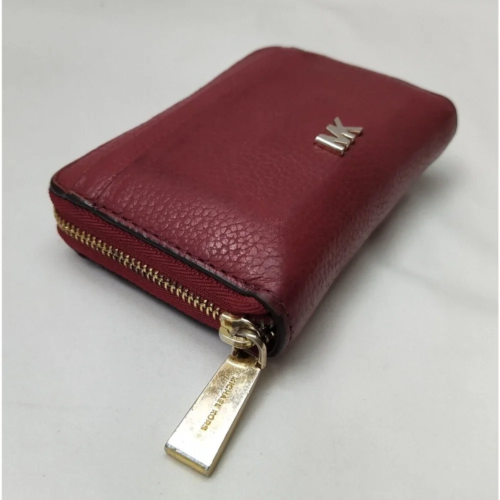 Michael Kors Red Pebbled Leather Zip Around Credit Card Small Wallet